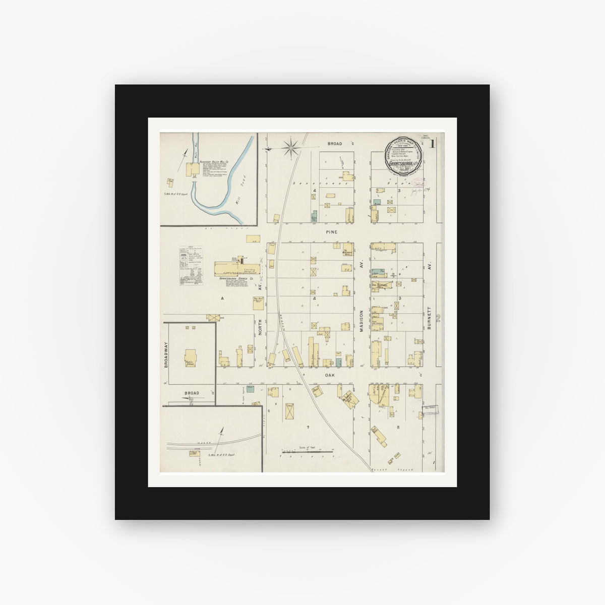 Old map wall art mockup — black gallery frame with white mat — Sanborn Fire Insurance Map from Grantsburg, Burnett County, Wisconsin (1894), Sheet #0001