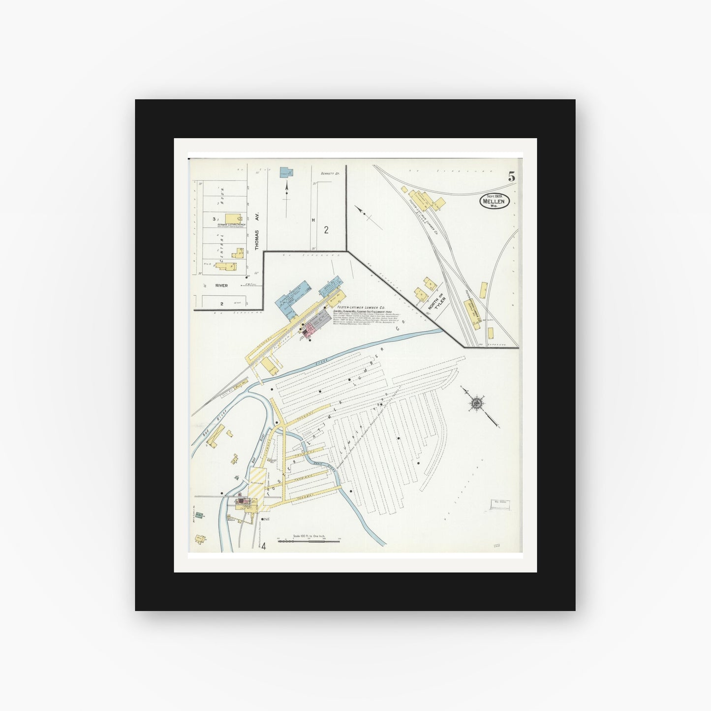 Old map wall art mockup — black gallery frame with white mat — Sanborn Fire Insurance Map from Mellen, Ashland County, Wisconsin (1909), Sheet #0005