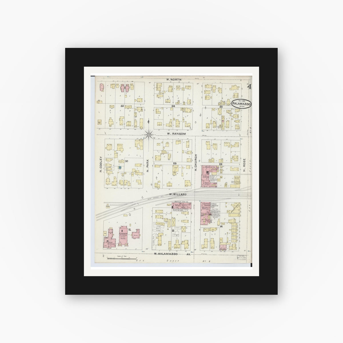Old map wall art mockup — black gallery frame with white mat — Sanborn Fire Insurance Map from Kalamazoo, Kalamazoo County, Michigan (1891), Sheet #0004