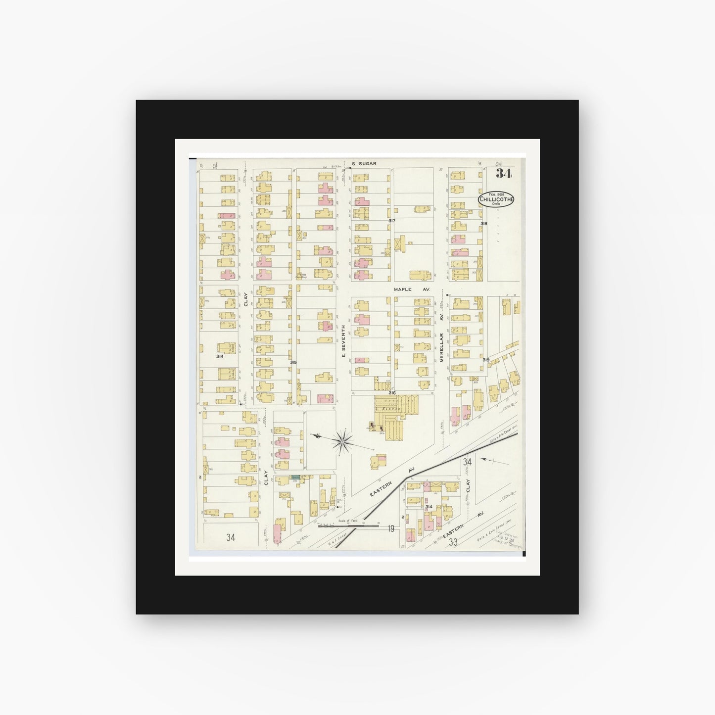 Old map wall art mockup — black gallery frame with white mat — Sanborn Fire Insurance Map from Chillicothe, Ross County, Ohio (1909), Sheet #0034