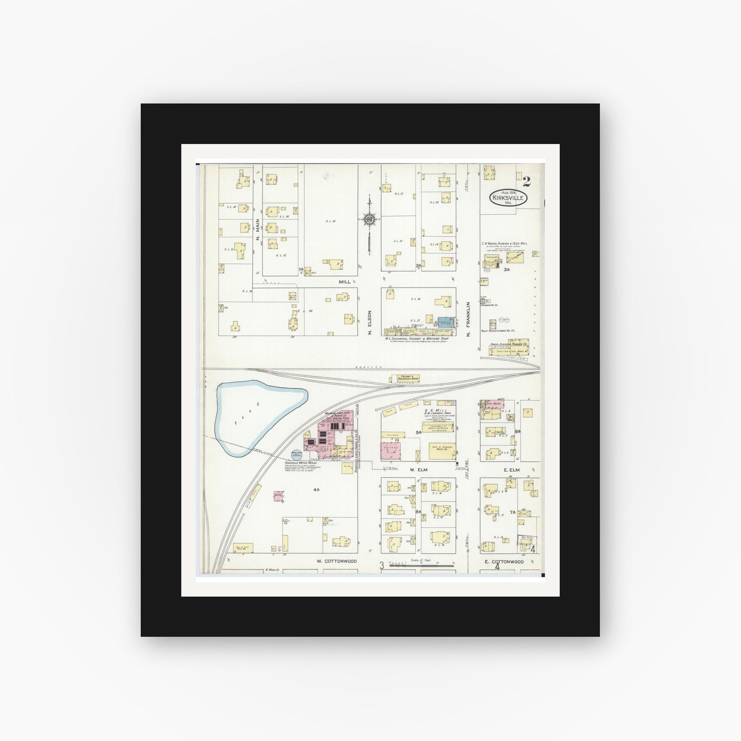 Old map wall art mockup — black gallery frame with white mat — Sanborn Fire Insurance Map from Kirksville, Adair County, Missouri (1914), Sheet #0002