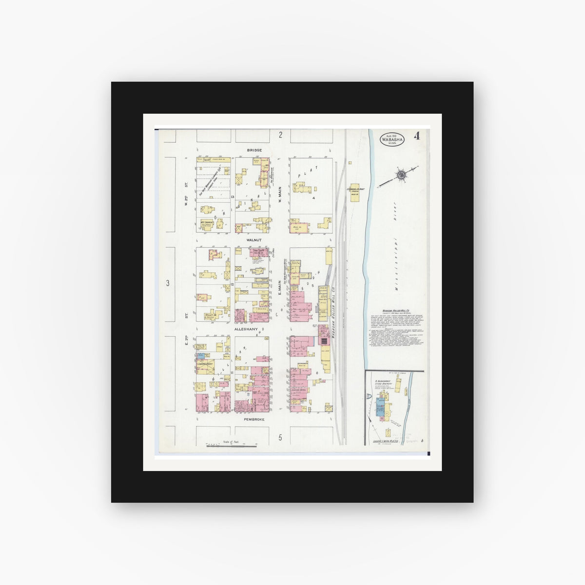 Old map wall art mockup — black gallery frame with white mat — Sanborn Fire Insurance Map from Wabasha, Wabasha County, Minnesota (1910), Sheet #0004