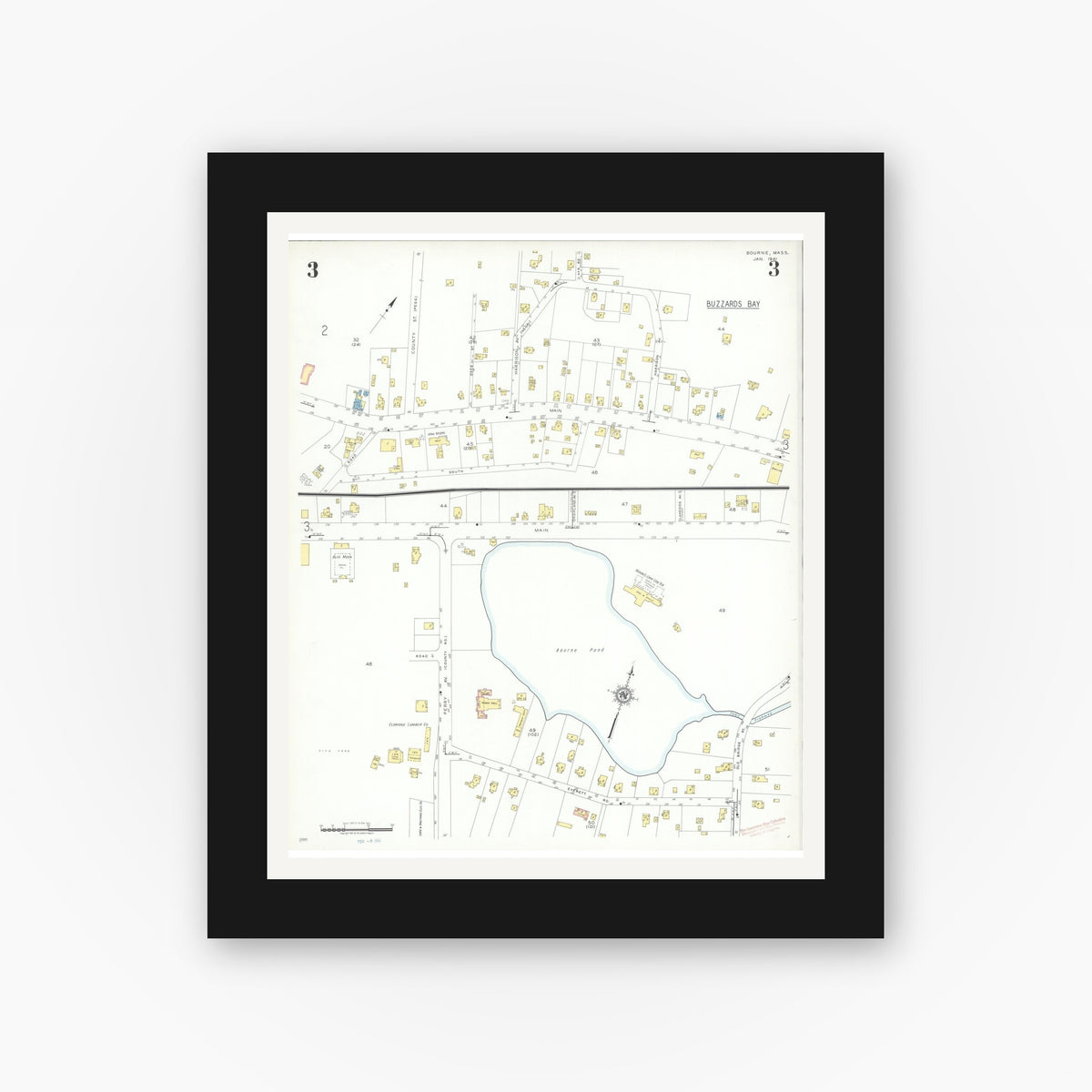 Old map wall art mockup — black gallery frame with white mat — Sanborn Fire Insurance Map from Bourne, Barnstable County, Massachusetts (1941), Sheet #0003