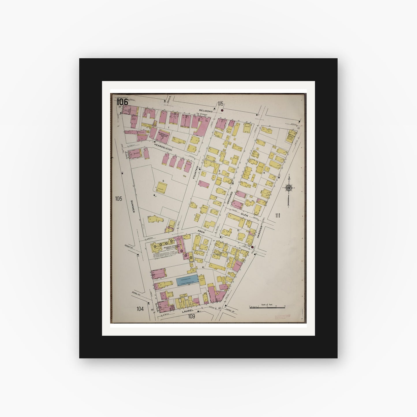 Old map wall art mockup — black gallery frame with white mat — Sanborn Fire Insurance Map from Worcester, Worcester County, Massachusetts (1910), Sheet #0106