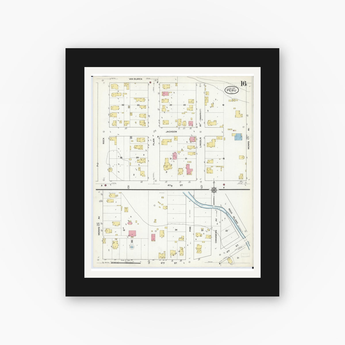 Old map wall art mockup — black gallery frame with white mat — Sanborn Fire Insurance Map from Peru, La Salle County, Illinois (1916), Sheet #0016