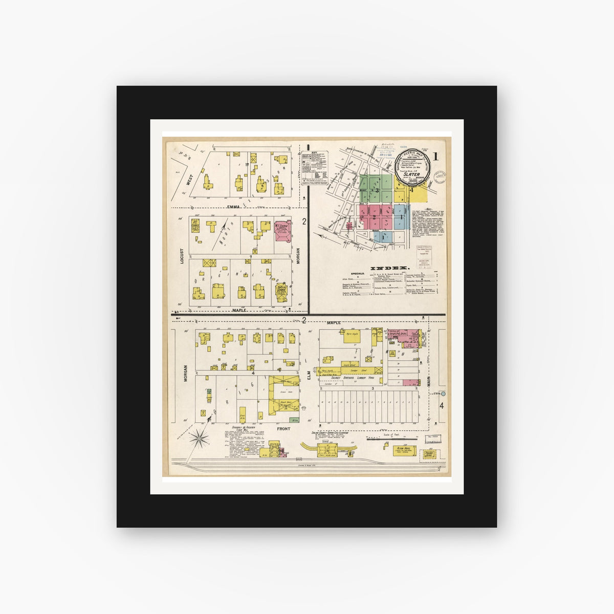 Old map wall art mockup — black gallery frame with white mat — Sanborn Fire Insurance Map from Slater, Saline County, Missouri (1900), Sheet #0001