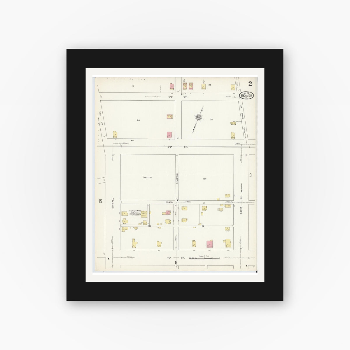 Old map wall art mockup — black gallery frame with white mat — Sanborn Fire Insurance Map from Beaver, Beaver County, Pennsylvania (1912), Sheet #0002