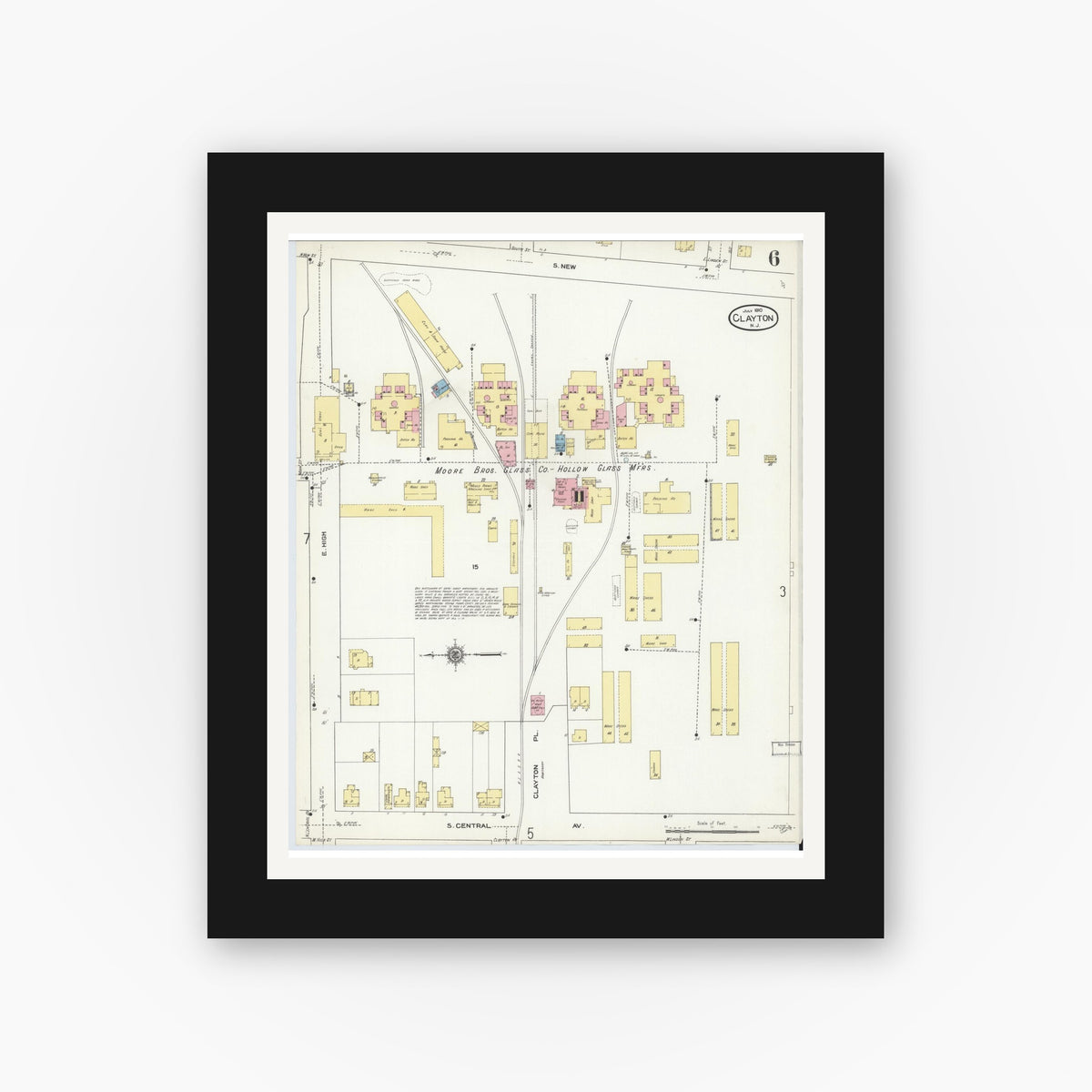 Old map wall art mockup — black gallery frame with white mat — Sanborn Fire Insurance Map from Clayton, Gloucester County, New Jersey (1910), Sheet #0006