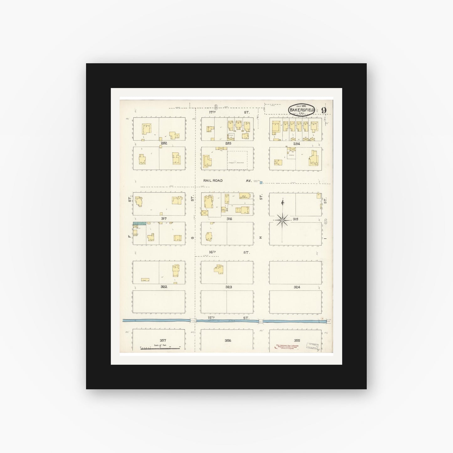 Old map wall art mockup — black gallery frame with white mat — Sanborn Fire Insurance Map from Bakersfield, Kern County, California (1892), Sheet #0009
