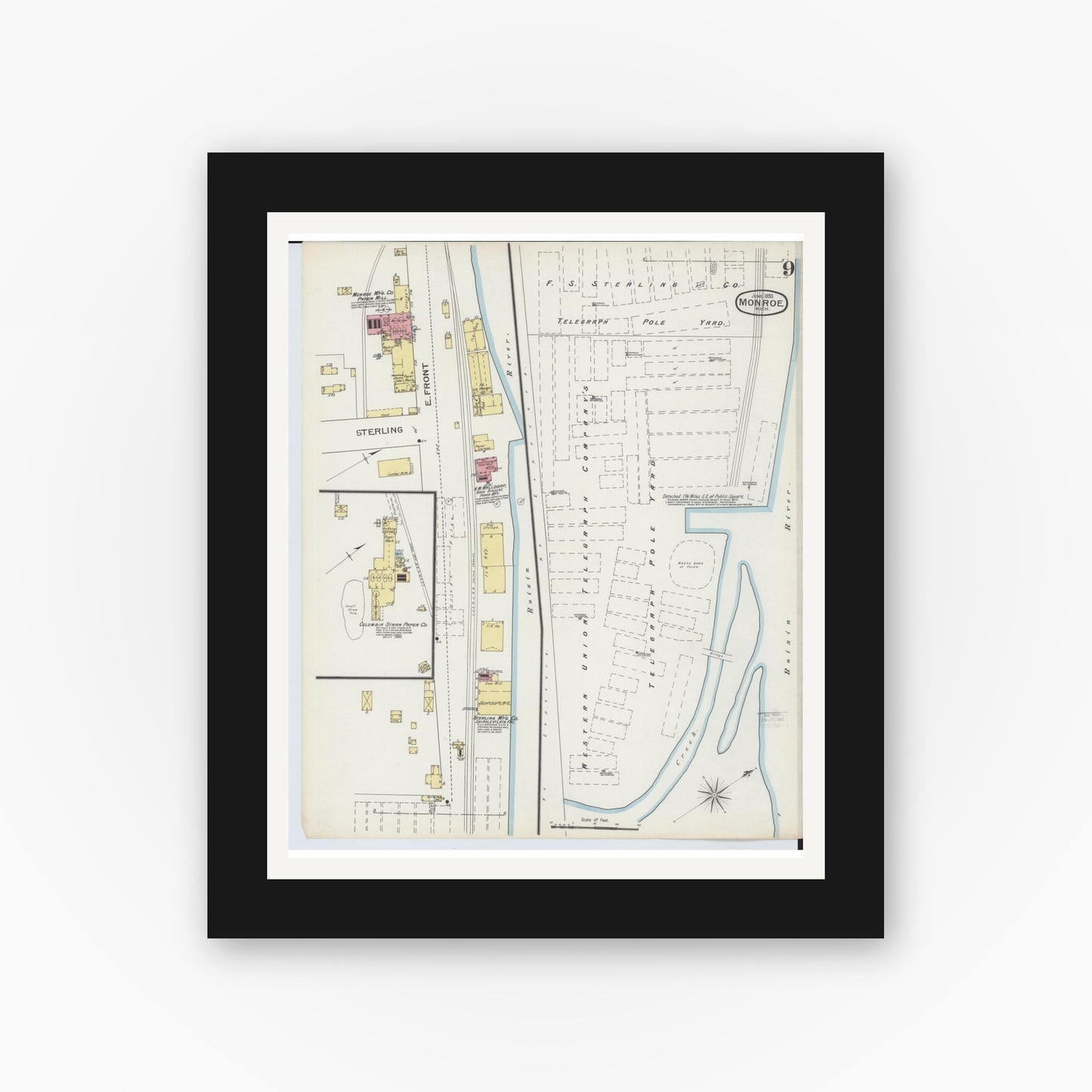 Old map wall art mockup — black gallery frame with white mat — Sanborn Fire Insurance Map from Monroe, Monroe County, Michigan (1893), Sheet #0009