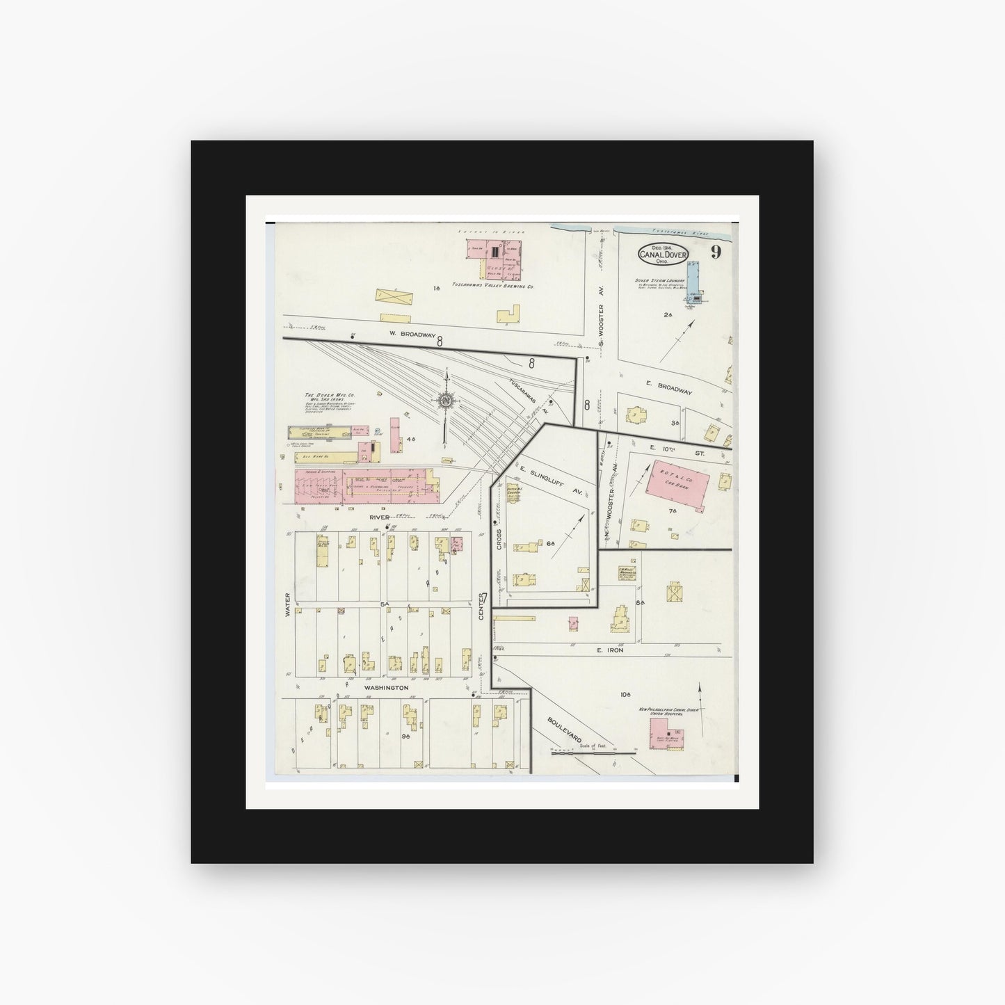Old map wall art mockup — black gallery frame with white mat — Sanborn Fire Insurance Map from Canal Dover, Tuscarawas County, Ohio (1914), Sheet #0009