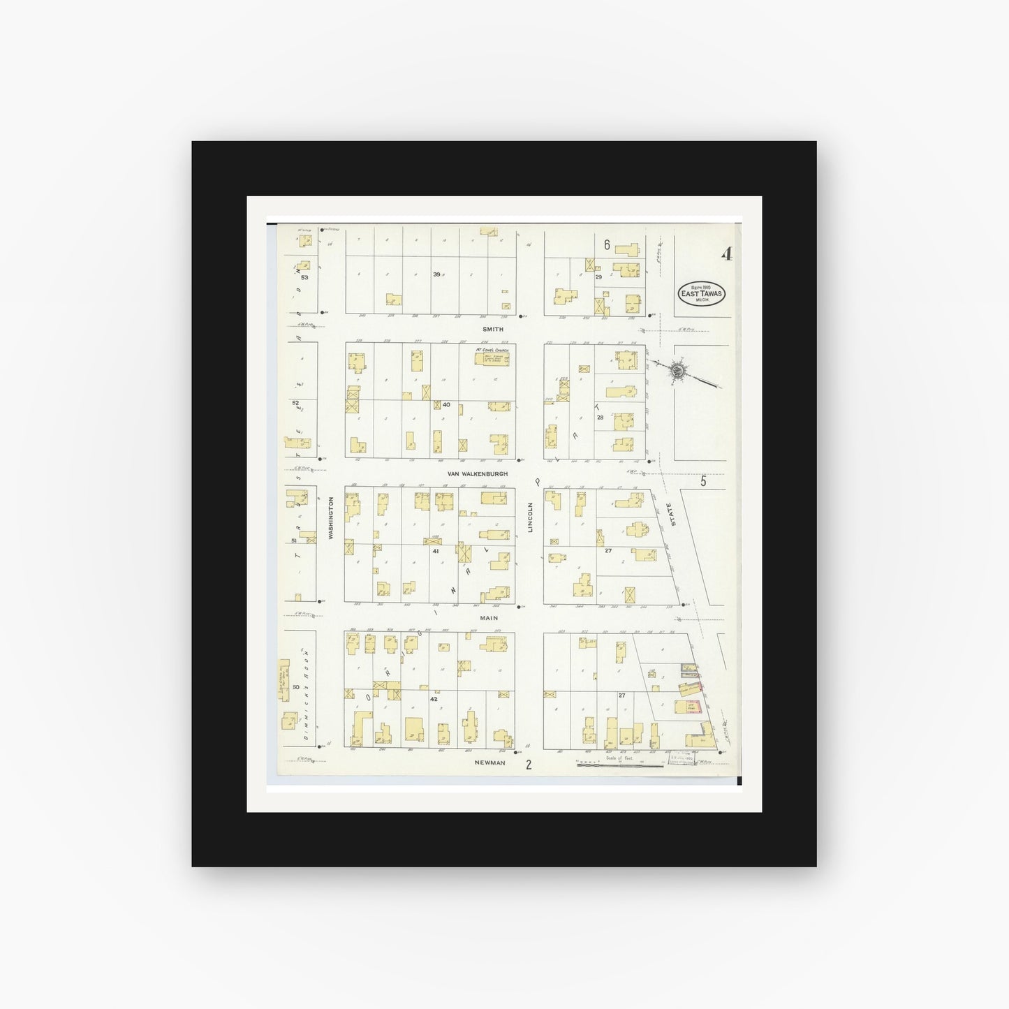 Old map wall art mockup — black gallery frame with white mat — Sanborn Fire Insurance Map from East Tawas, Iosco County, Michigan (1910), Sheet #0004
