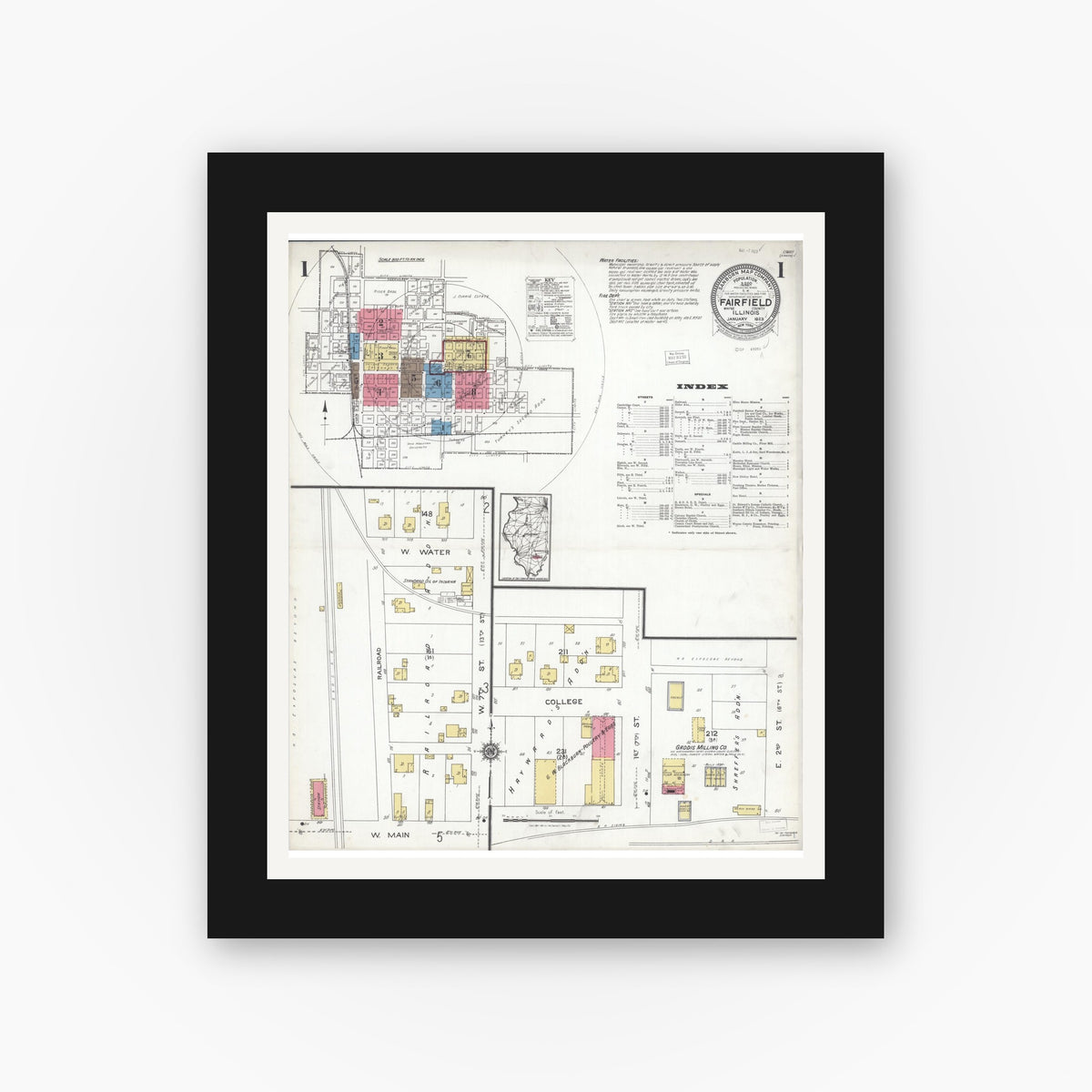 Old map wall art mockup — black gallery frame with white mat — Sanborn Fire Insurance Map from Fairfield, Wayne County, Illinois (1923) - Complete Map Set