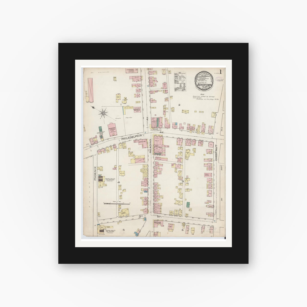 Old map wall art mockup — black gallery frame with white mat — Sanborn Fire Insurance Map from Boyertown, Berks County, Pennsylvania (1886) - Complete Map Set