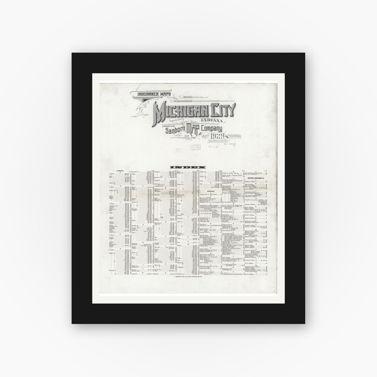 Old map wall art mockup — black gallery frame with white mat — Sanborn Fire Insurance Map from Michigan City, La Porte County, Indiana (1929), Sheet #0001