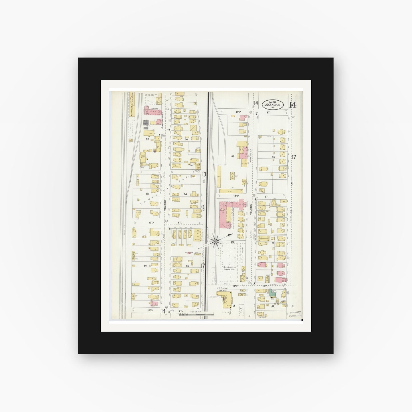 Old map wall art mockup — black gallery frame with white mat — Sanborn Fire Insurance Map from Logansport, Cass County, Indiana (1906), Sheet #0014