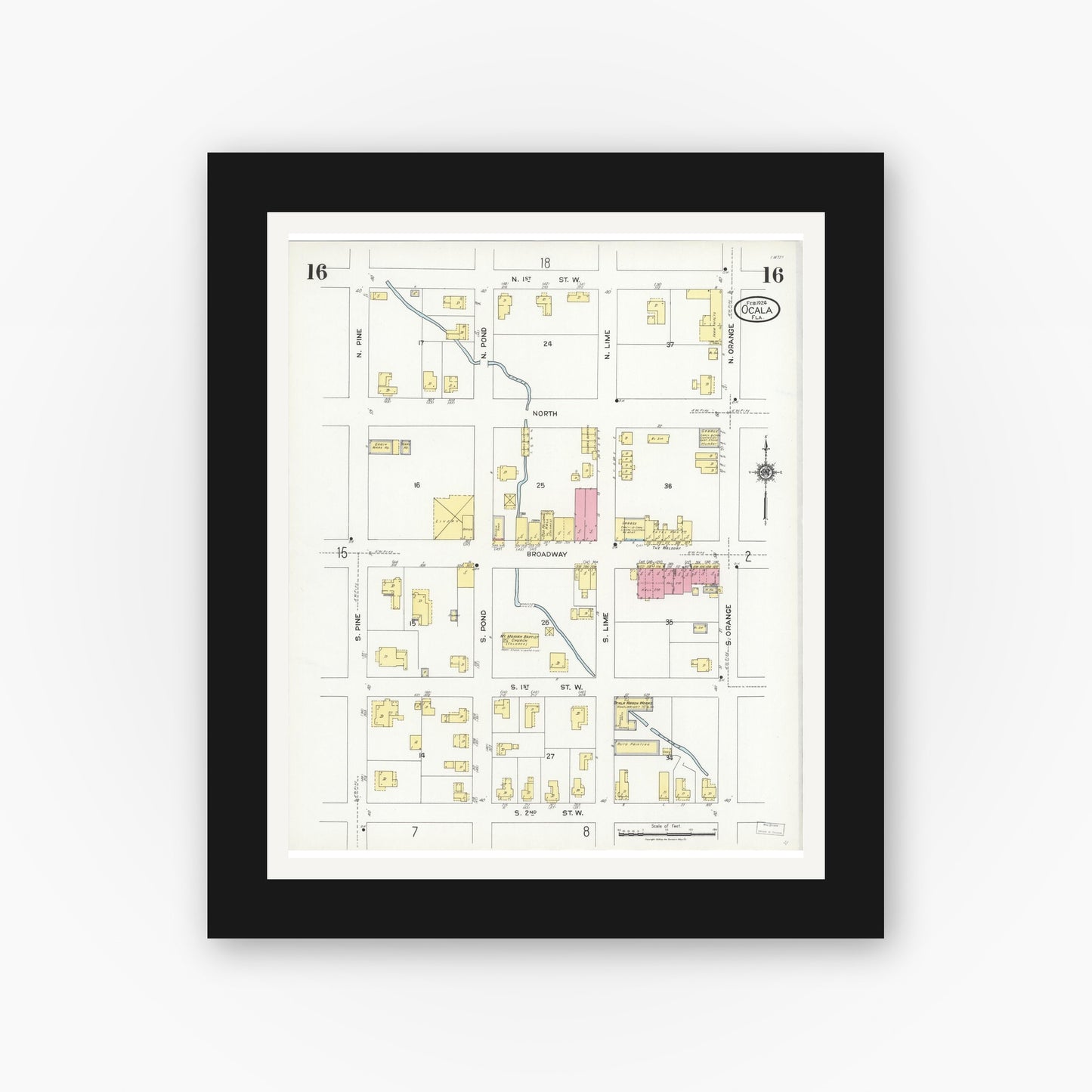 Old map wall art mockup — black gallery frame with white mat — Sanborn Fire Insurance Map from Ocala, Marion County, Florida (1924), Sheet #0016