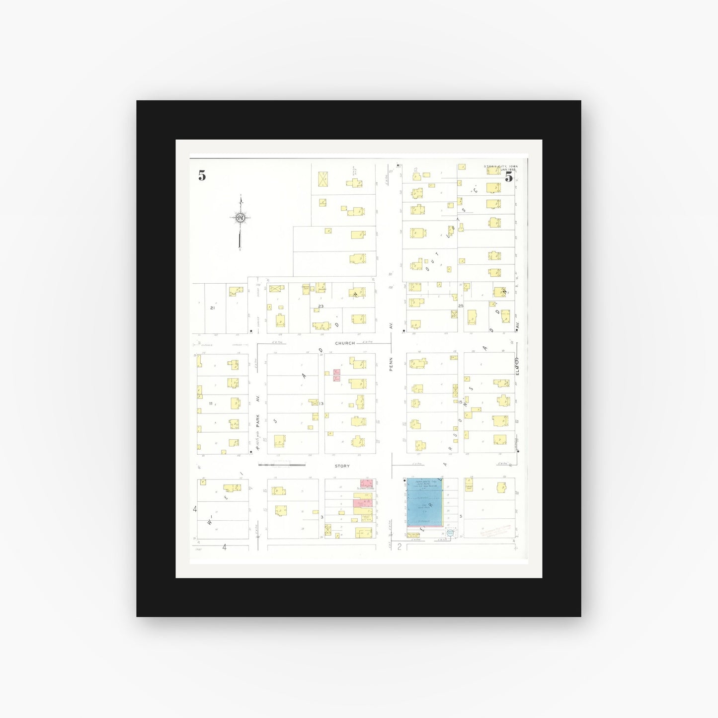 Old map wall art mockup β black gallery frame with white mat β Sanborn Fire Insurance Map from Story City, Story County, Iowa (1932), Sheet #0005