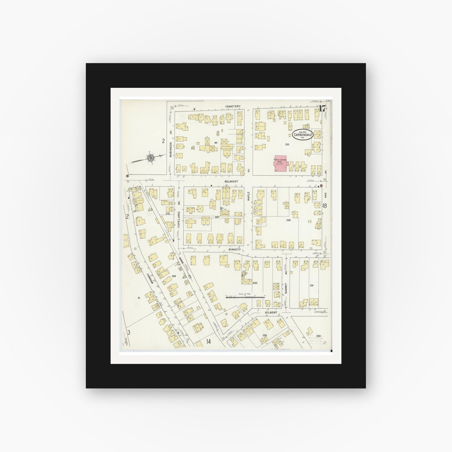 Old map wall art mockup — black gallery frame with white mat — Sanborn Fire Insurance Map from Carbondale, Lackawanna County, Pennsylvania (1912), Sheet #0017