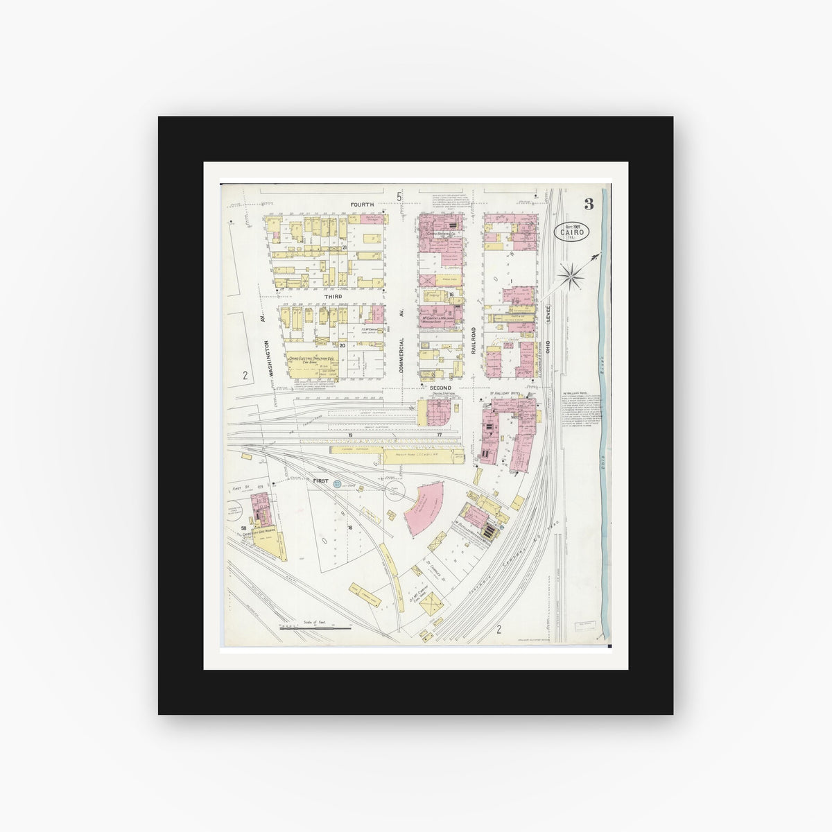 Old map wall art mockup — black gallery frame with white mat — Sanborn Fire Insurance Map from Cairo, Alexander County, Illinois (1907), Sheet #0003