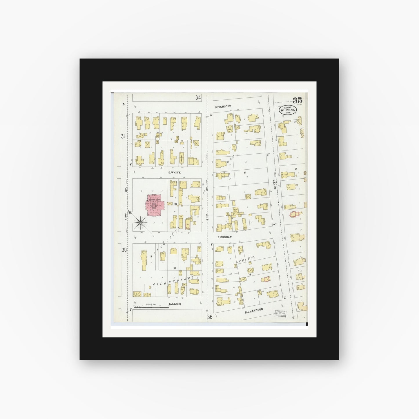 Old map wall art mockup — black gallery frame with white mat — Sanborn Fire Insurance Map from Alpena, Alpena County, Michigan (1901), Sheet #0035