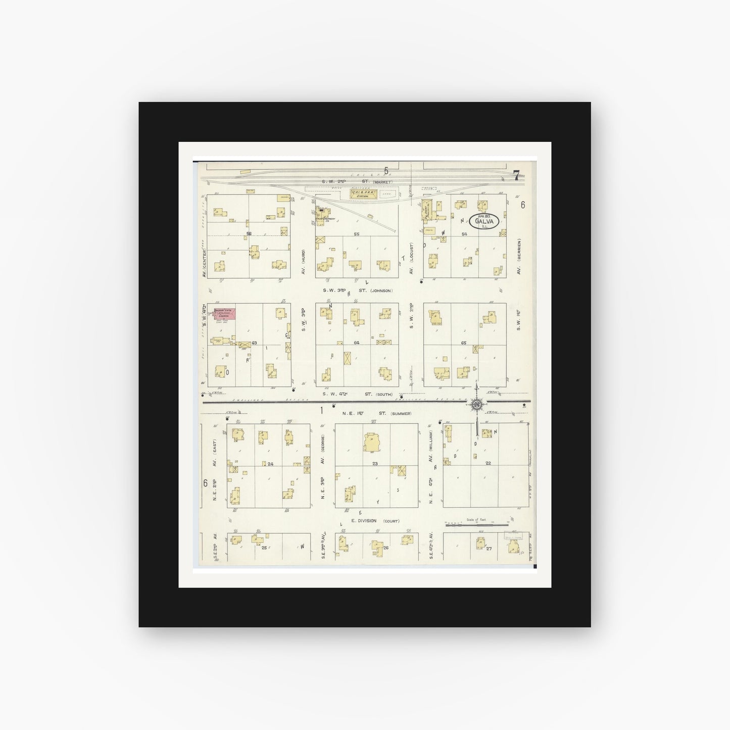 Old map wall art mockup — black gallery frame with white mat — Sanborn Fire Insurance Map from Galva, Henry County, Illinois (1913), Sheet #0007