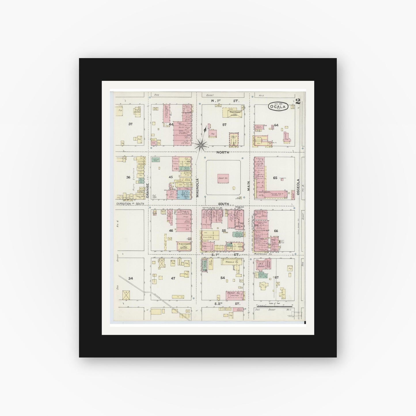 Old map wall art mockup — black gallery frame with white mat — Sanborn Fire Insurance Map from Ocala, Marion County, Florida (1891), Sheet #0002