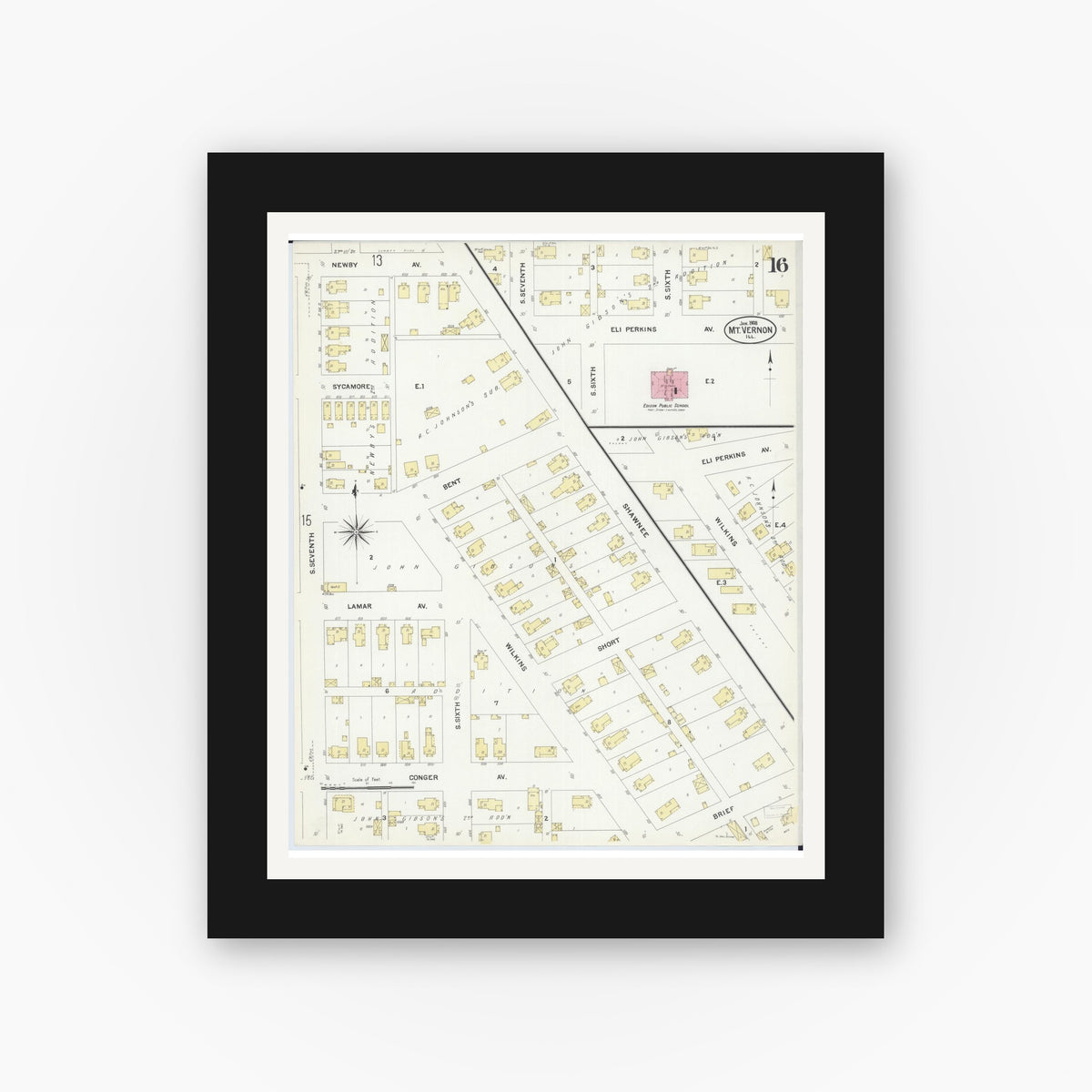 Old map wall art mockup — black gallery frame with white mat — Sanborn Fire Insurance Map from Mount Vernon, Jefferson County, Illinois (1908), Sheet #0016
