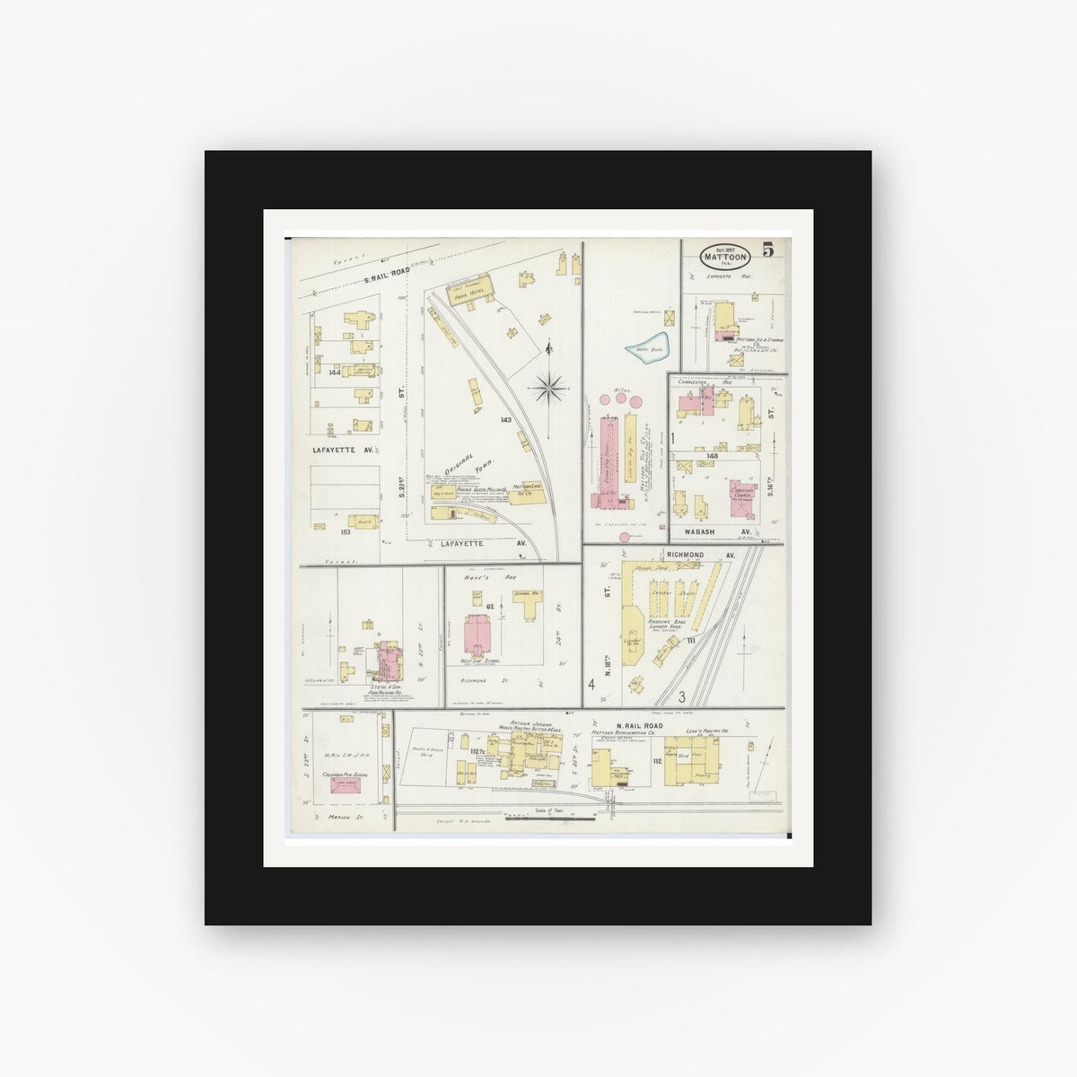 Old map wall art mockup — black gallery frame with white mat — Sanborn Fire Insurance Map from Mattoon, Coles County, Illinois (1897), Sheet #0005