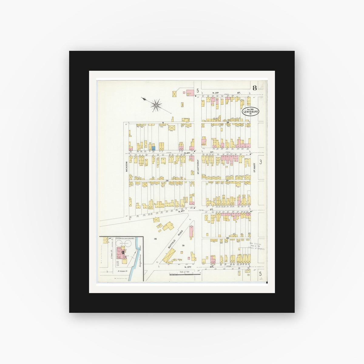 Old map wall art mockup — black gallery frame with white mat — Sanborn Fire Insurance Map from Lewisburg, Union County, Pennsylvania (1906), Sheet #0008