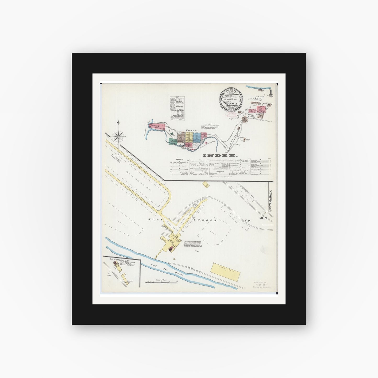 Old map wall art mockup — black gallery frame with white mat — Sanborn Fire Insurance Map from Tower, Saint Louis County, Minnesota (1892) - Complete Map Set