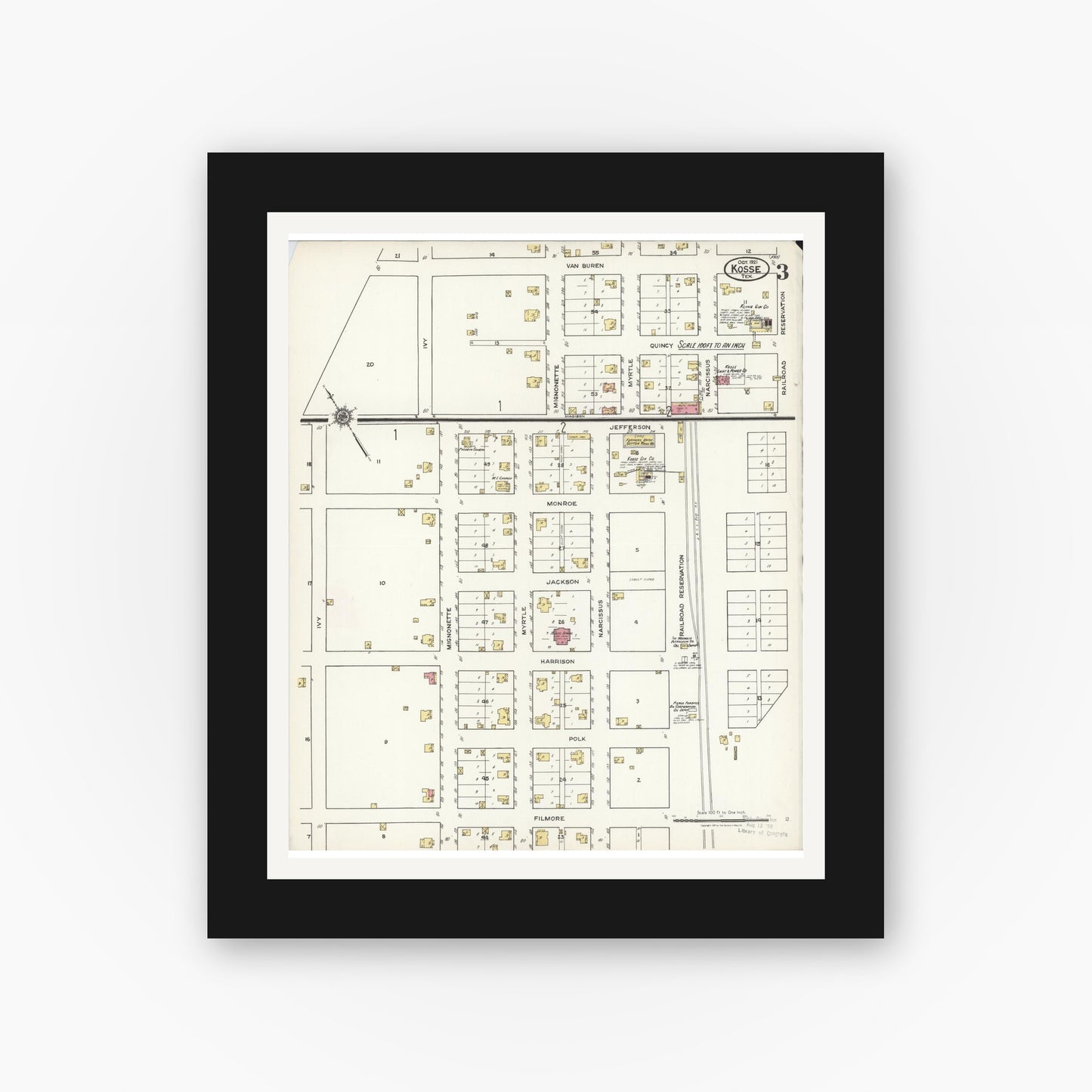 Old map wall art mockup — black gallery frame with white mat — Sanborn Fire Insurance Map from Kosse, Limestone County, Texas (1921), Sheet #0003