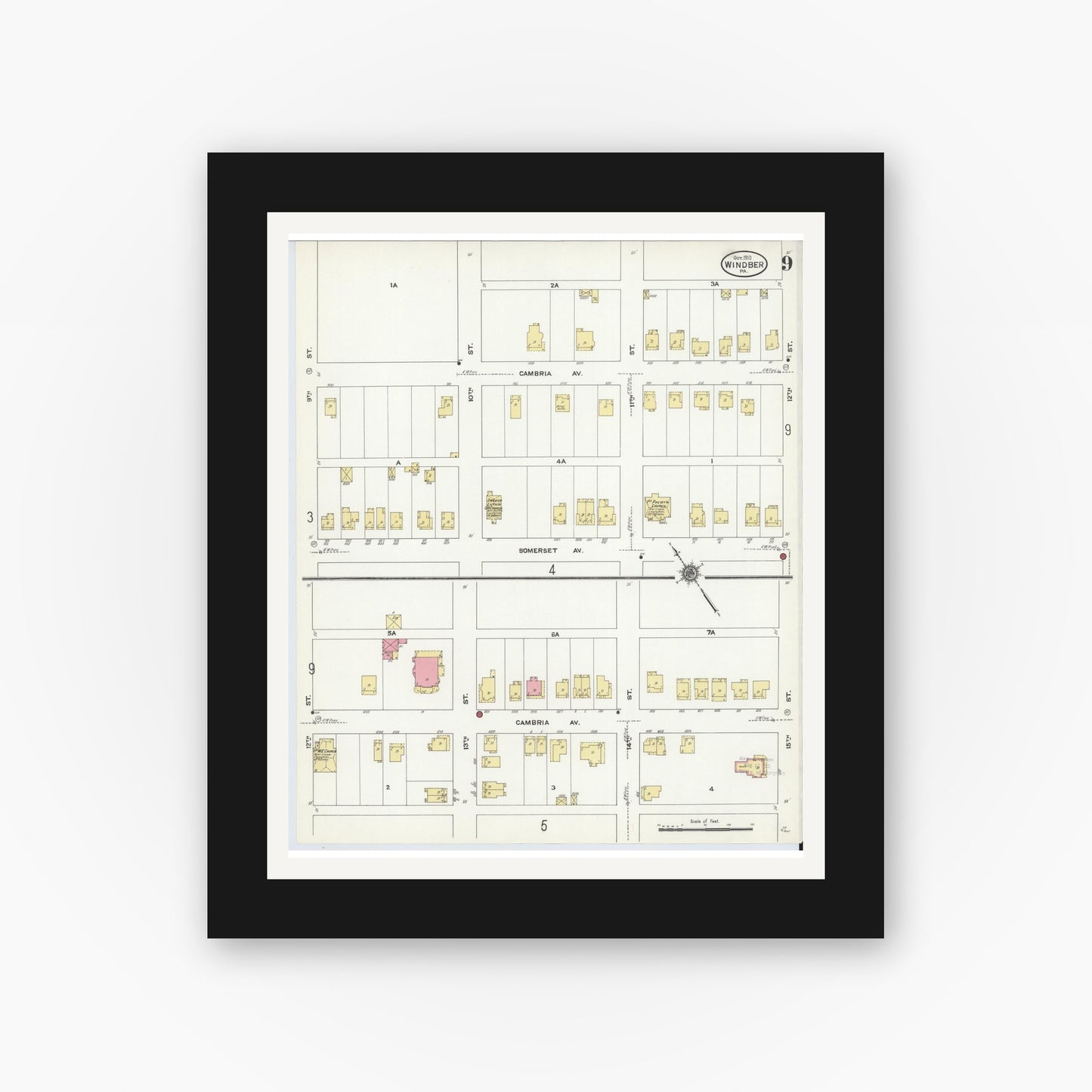 Old map wall art mockup — black gallery frame with white mat — Sanborn Fire Insurance Map from Windber, Somerset County, Pennsylvania (1910), Sheet #0009