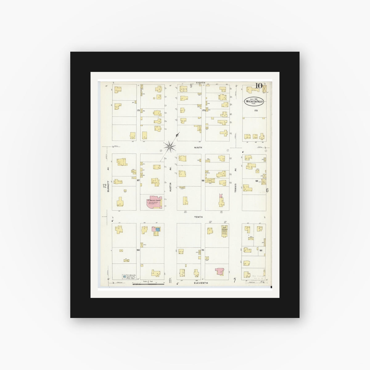Old map wall art mockup — black gallery frame with white mat — Sanborn Fire Insurance Map from Wichita Falls, Wichita County, Texas (1908), Sheet #0010