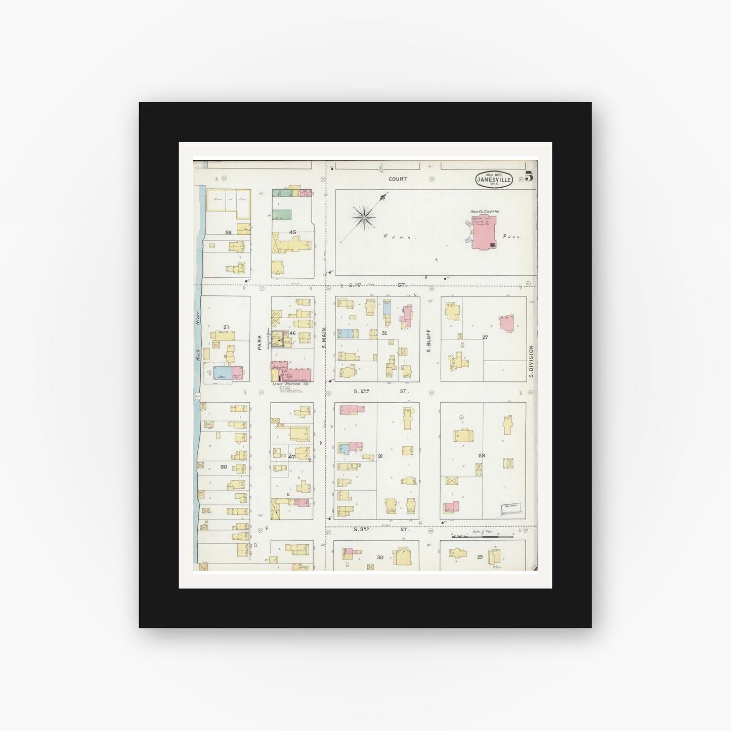 Old map wall art mockup — black gallery frame with white mat — Sanborn Fire Insurance Map from Janesville, Rock County, Wisconsin (1895), Sheet #0005
