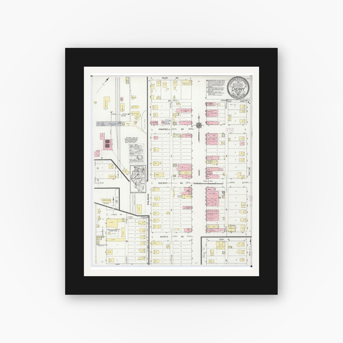 Old map wall art mockup — black gallery frame with white mat — Sanborn Fire Insurance Map from Cherry, Bureau County, Illinois (1915), Sheet #0001