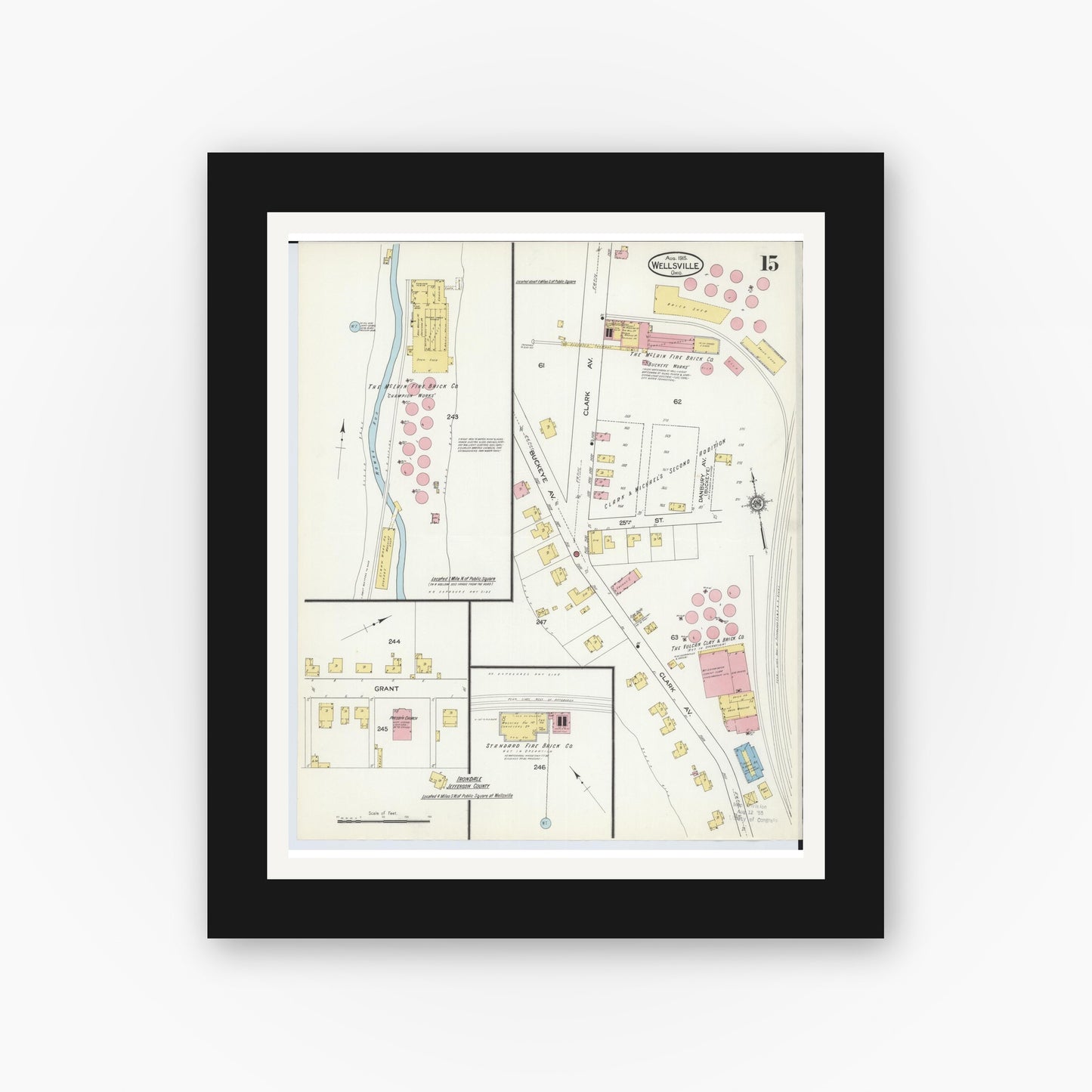 Old map wall art mockup — black gallery frame with white mat — Sanborn Fire Insurance Map from Wellsville, Columbiana County, Ohio (1915), Sheet #0015