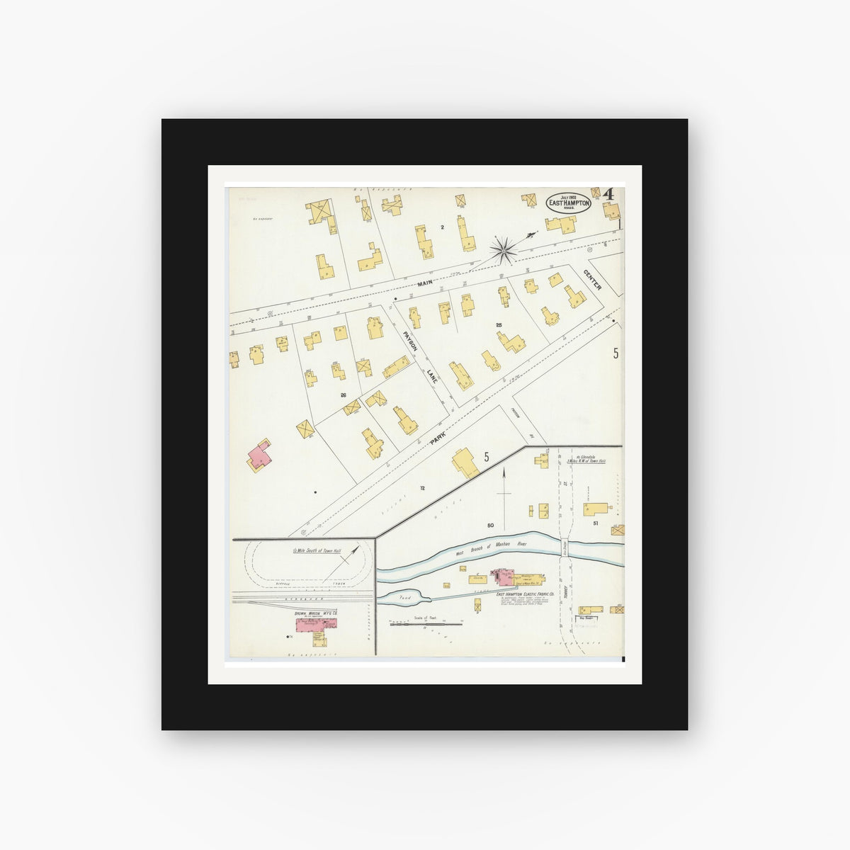 Old map wall art mockup — black gallery frame with white mat — Sanborn Fire Insurance Map from East Hampton, Hampshire County, Massachusetts (1902), Sheet #0004