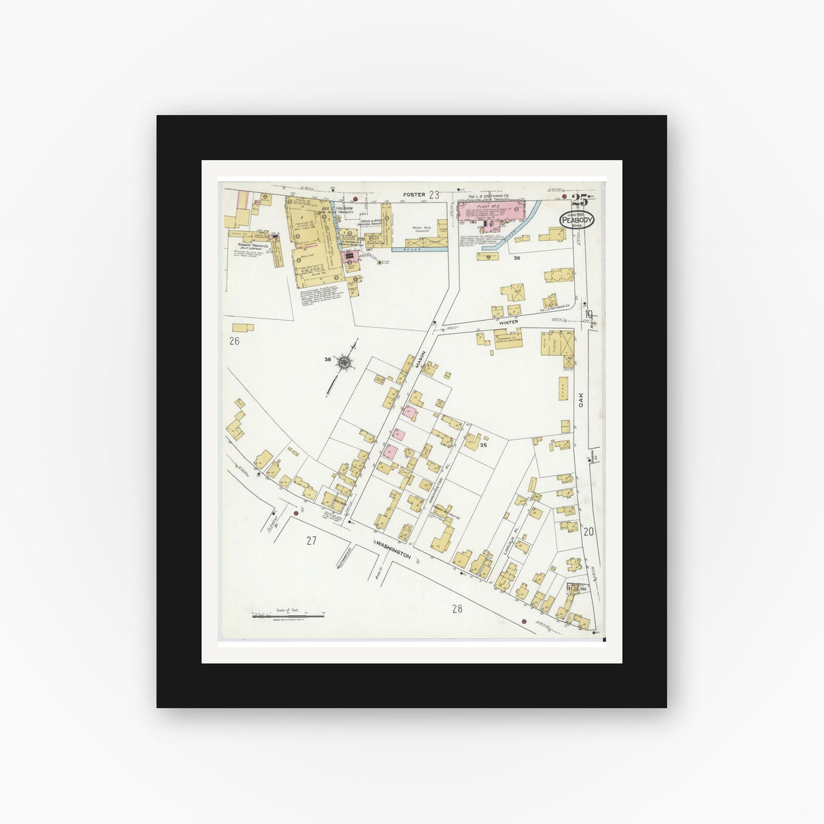 Old map wall art mockup — black gallery frame with white mat — Sanborn Fire Insurance Map from Peabody, Essex County, Massachusetts (1920), Sheet #0025