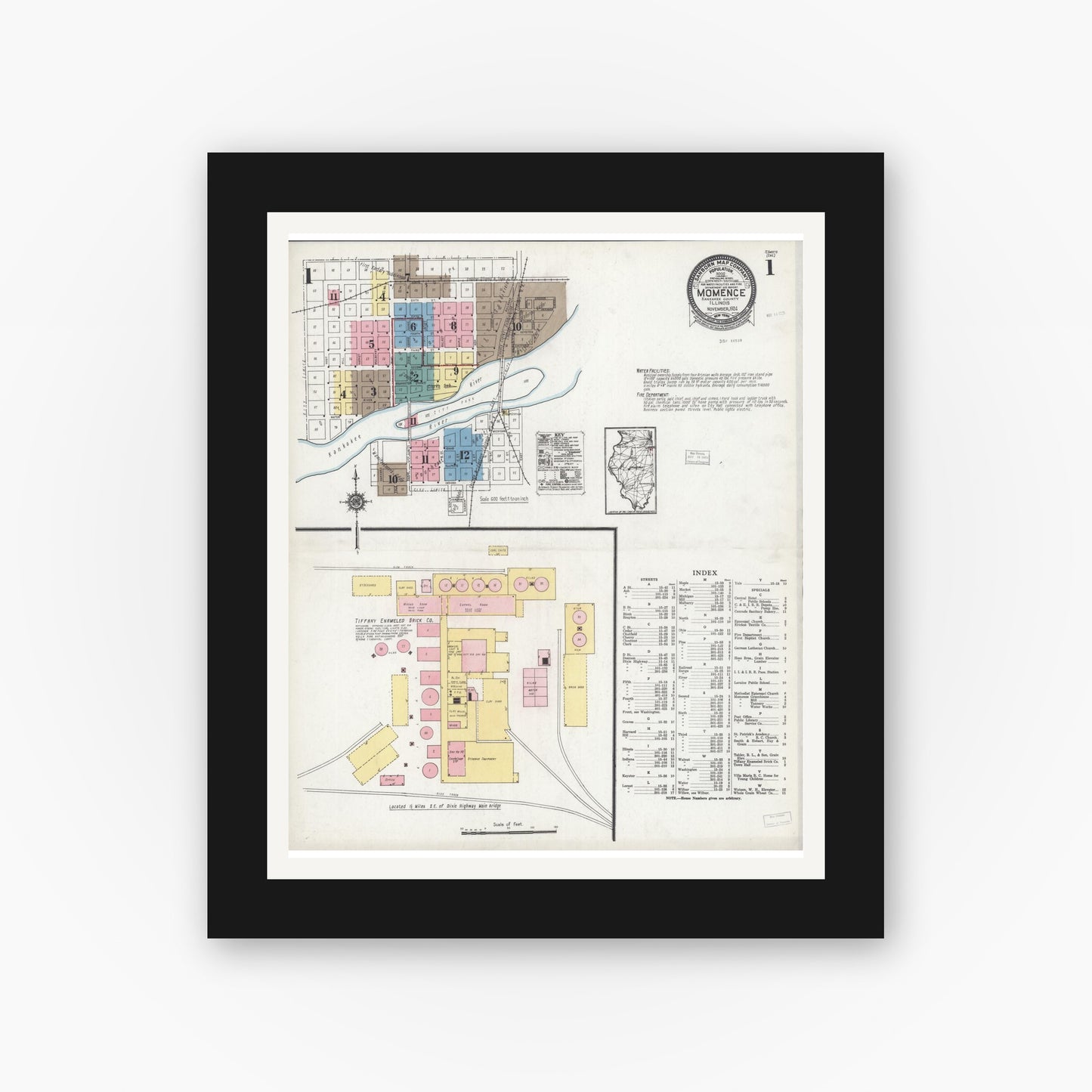 Old map wall art mockup — black gallery frame with white mat — Sanborn Fire Insurance Map from Momence, Kankakee County, Illinois (1924), Sheet #0001
