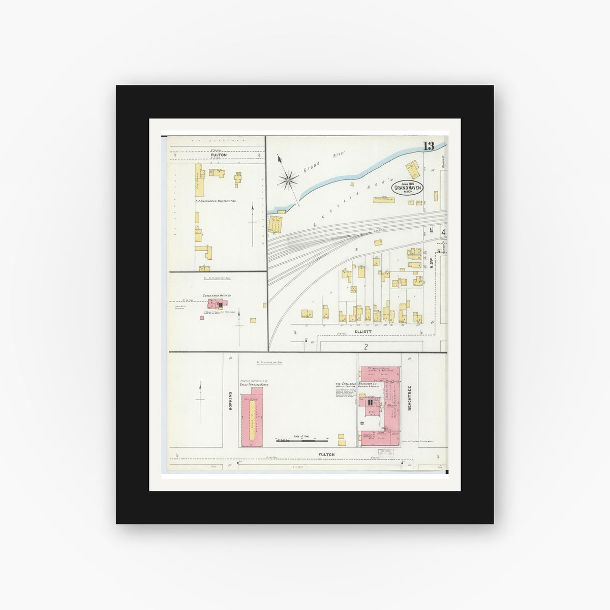Old map wall art mockup — black gallery frame with white mat — Sanborn Fire Insurance Map from Grand Haven, Ottawa County, Michigan (1906), Sheet #0013
