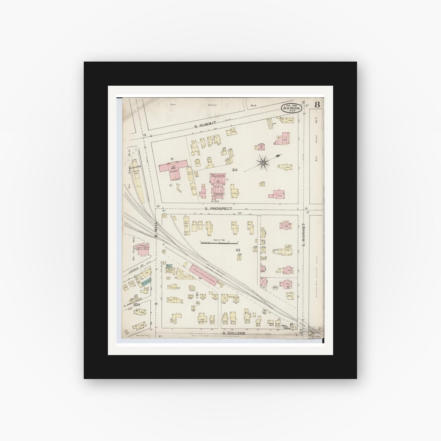 Old map wall art mockup — black gallery frame with white mat — Sanborn Fire Insurance Map from Akron, Summit County, Ohio (1886), Sheet #0008