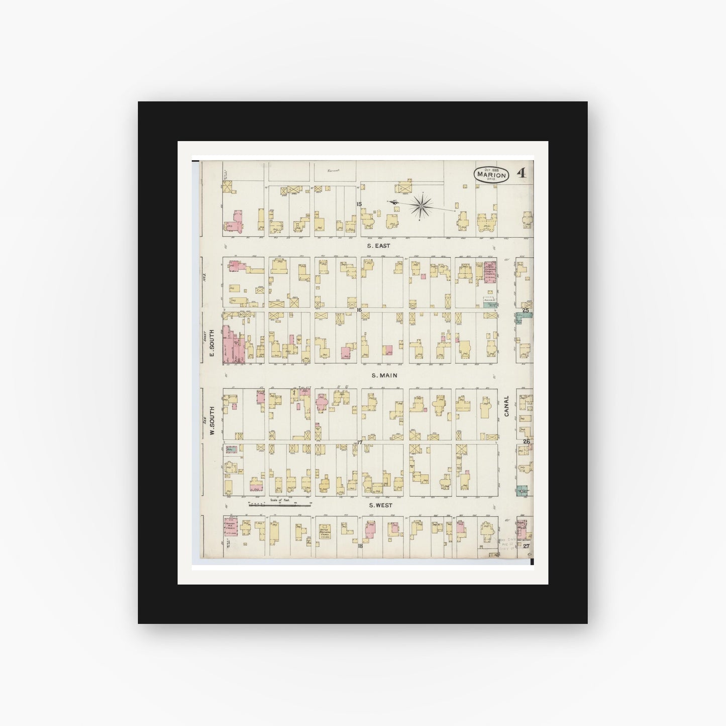 Old map wall art mockup — black gallery frame with white mat — Sanborn Fire Insurance Map from Marion, Marion County, Ohio (1888), Sheet #0004
