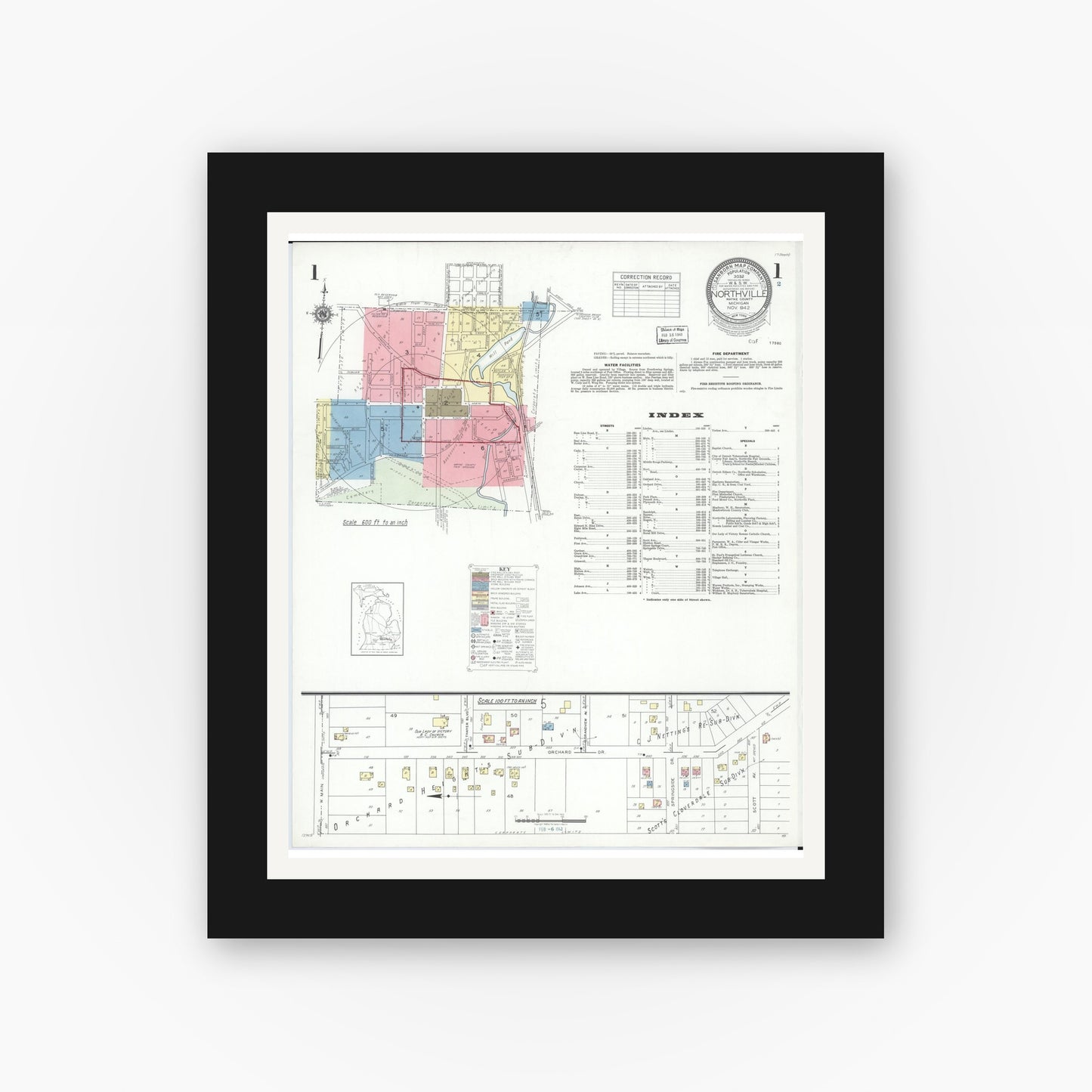 Old map wall art mockup — black gallery frame with white mat — Sanborn Fire Insurance Map from Northville, Wayne County, Michigan (1942) - Complete Map Set