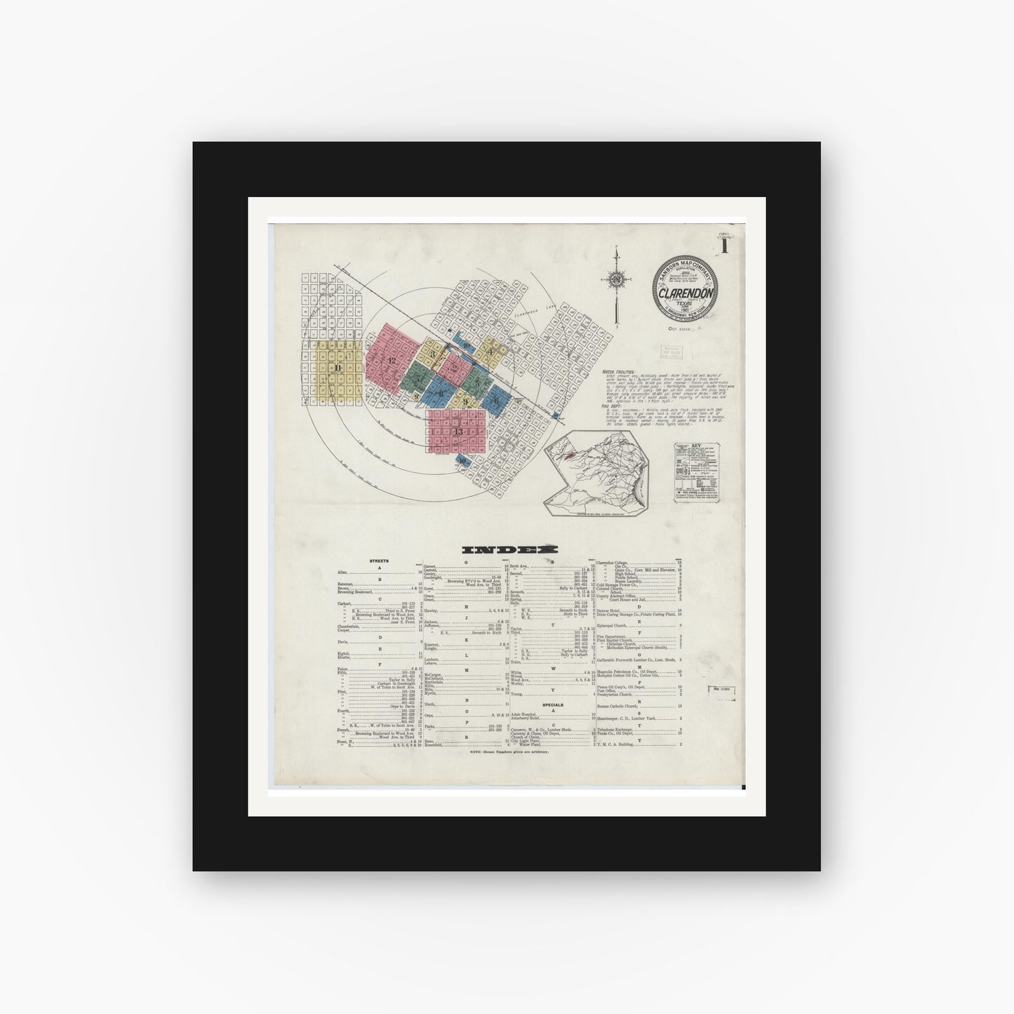 Old map wall art mockup — black gallery frame with white mat — Sanborn Fire Insurance Map from Clarendon, Donley County, Texas (1921), Sheet #0001