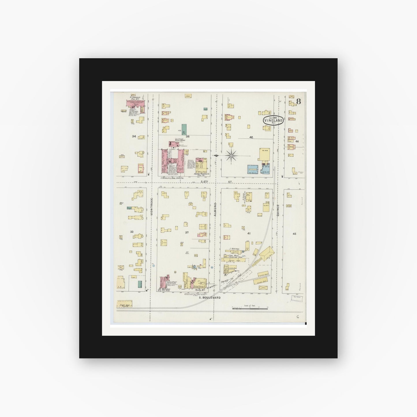Old map wall art mockup — black gallery frame with white mat — Sanborn Fire Insurance Map from Vineland, Cumberland County, New Jersey (1895), Sheet #0008