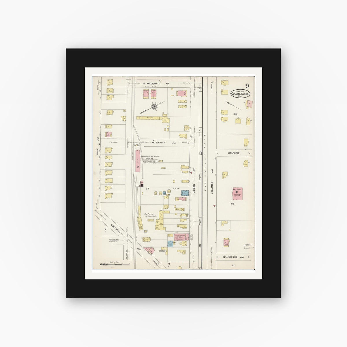 Old map wall art mockup — black gallery frame with white mat — Sanborn Fire Insurance Map from Collingswood, Camden County, New Jersey (1915), Sheet #0009
