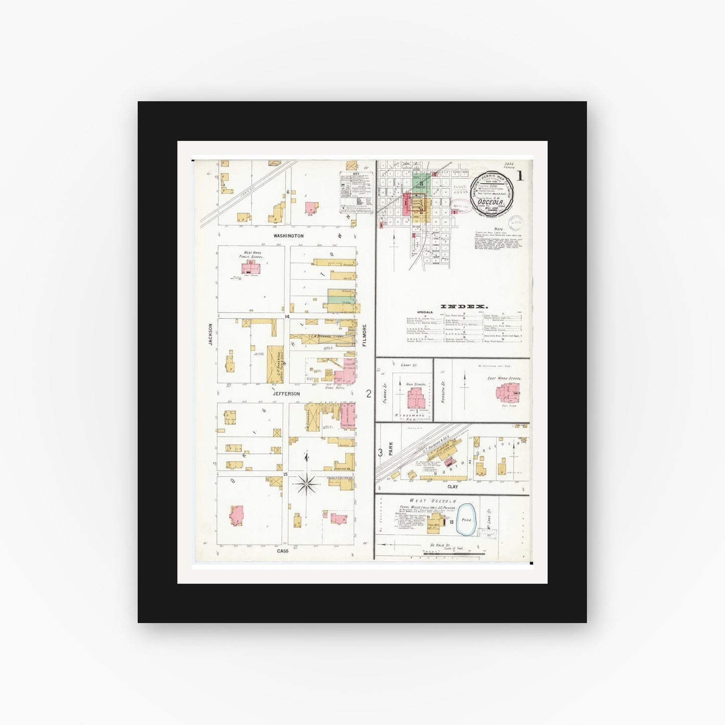 Old map wall art mockup — black gallery frame with white mat — Sanborn Fire Insurance Map from Osceola, Clarke County, Iowa (1899) — Complete Set
