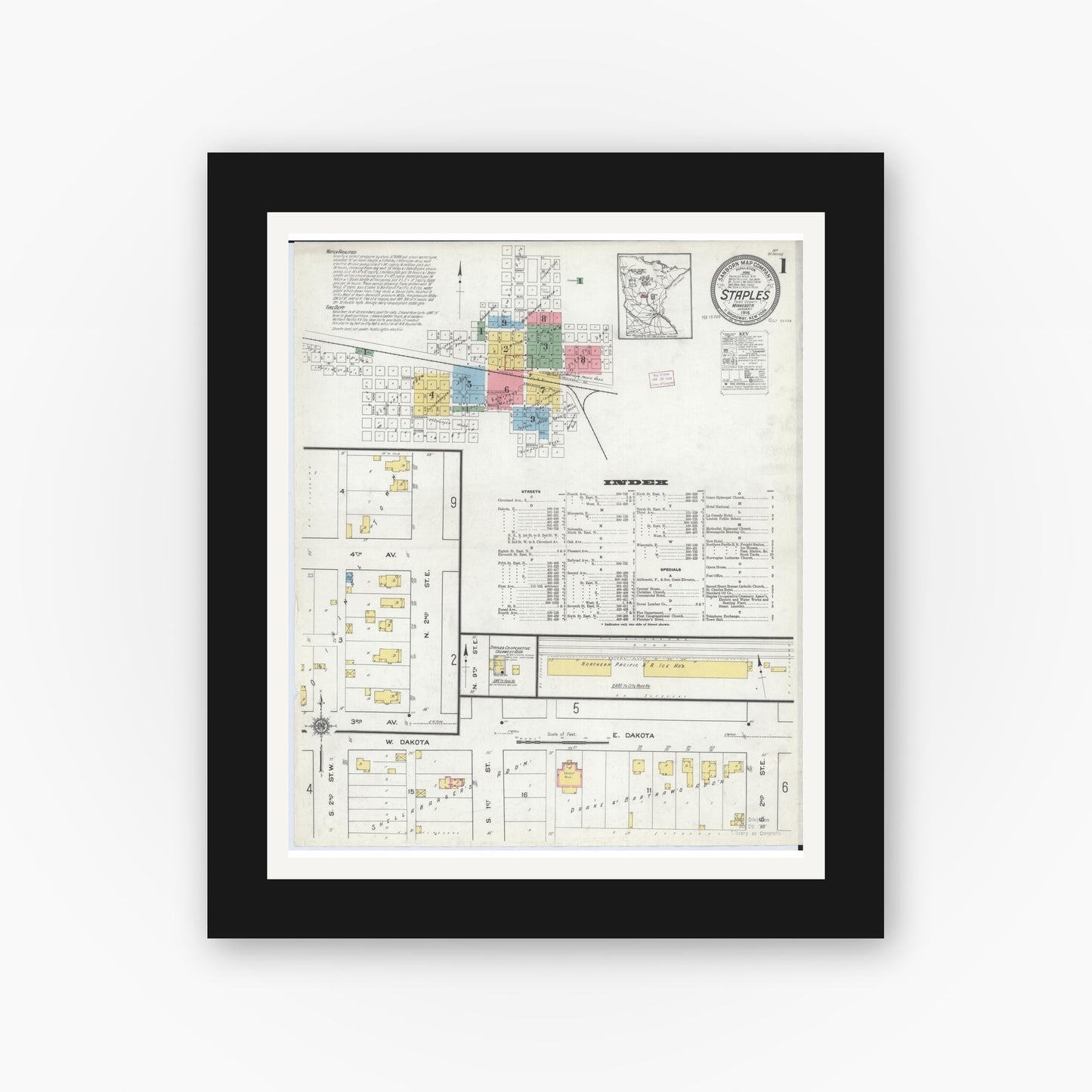 Old map wall art mockup — black gallery frame with white mat — Sanborn Fire Insurance Map from Staples, Todd County, Minnesota (1916) - Complete Map Set