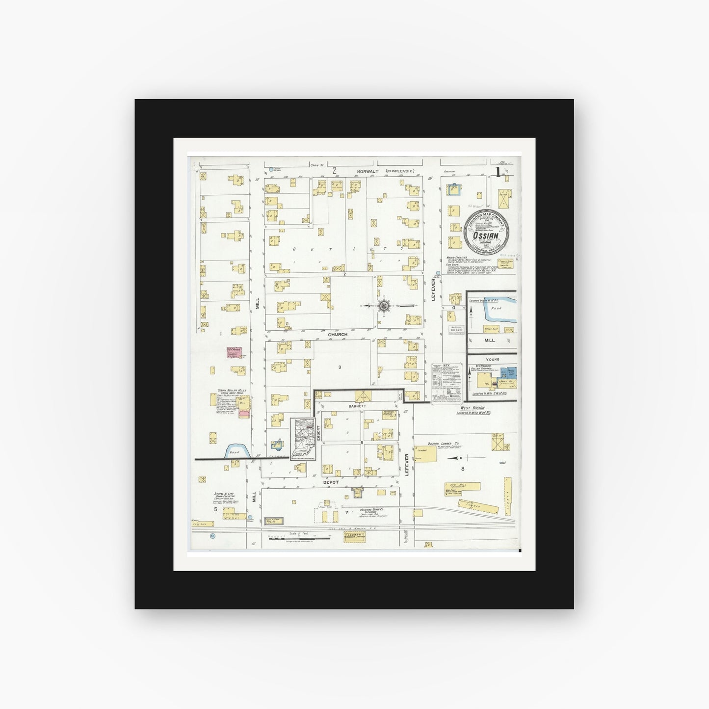 Old map wall art mockup — black gallery frame with white mat — Sanborn Fire Insurance Map from Ossian, Wells County, Indiana (1919) - Complete Map Set